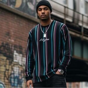 VOX POPULI Streetwear Vertical Striped Long Sleeve Tshirt w Embroidered Hype XL